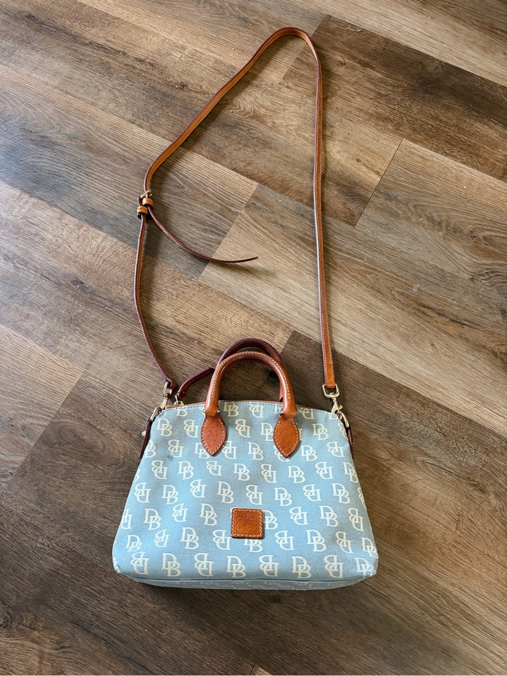 Dooney & Bourke Light Blue Signature Crossbody with Brown Leather Trim